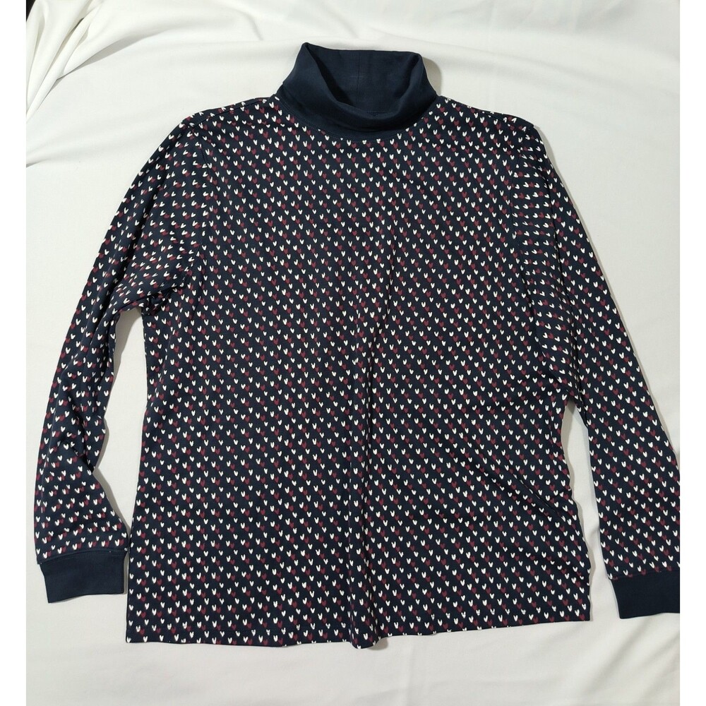 L.L.Bean Womens 1X Plus Turtleneck Top Classic Navy Burgundy Print Heart NWT